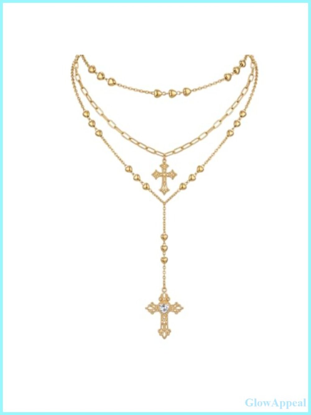 Gold-Tone Rosary Cross Pendant Necklace Set Layered